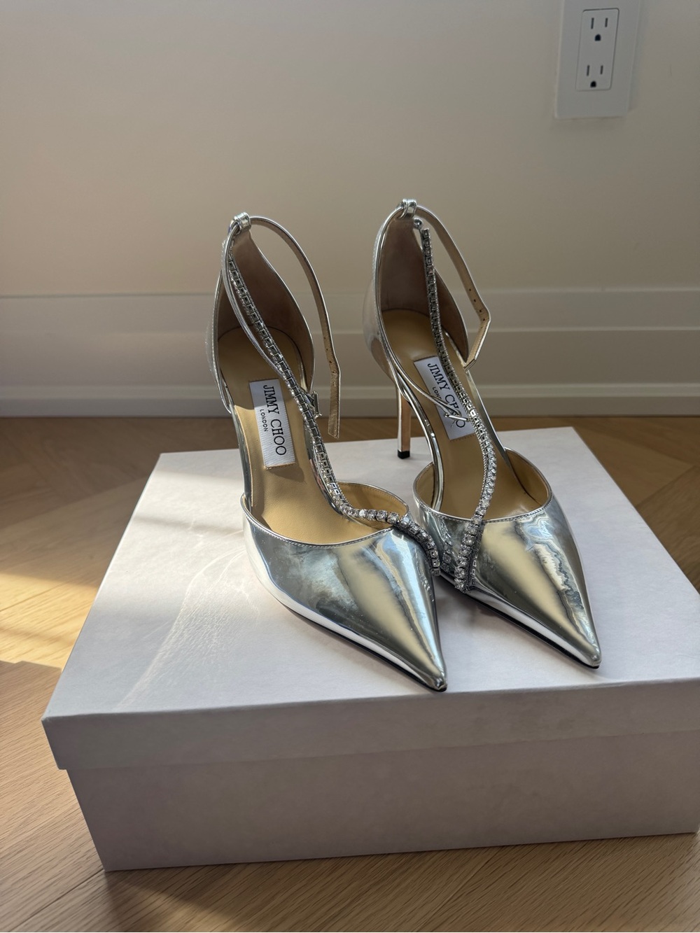 Jimmy Choo Silver Metallic Pointed-Toe T-Strap Heels with Crystal Accents - Picture 2 of 5